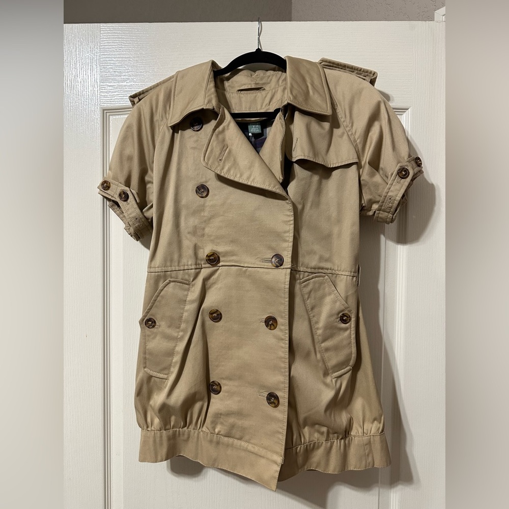 Urban renewal double breasted trench coat upcycled into short sleeve jacket